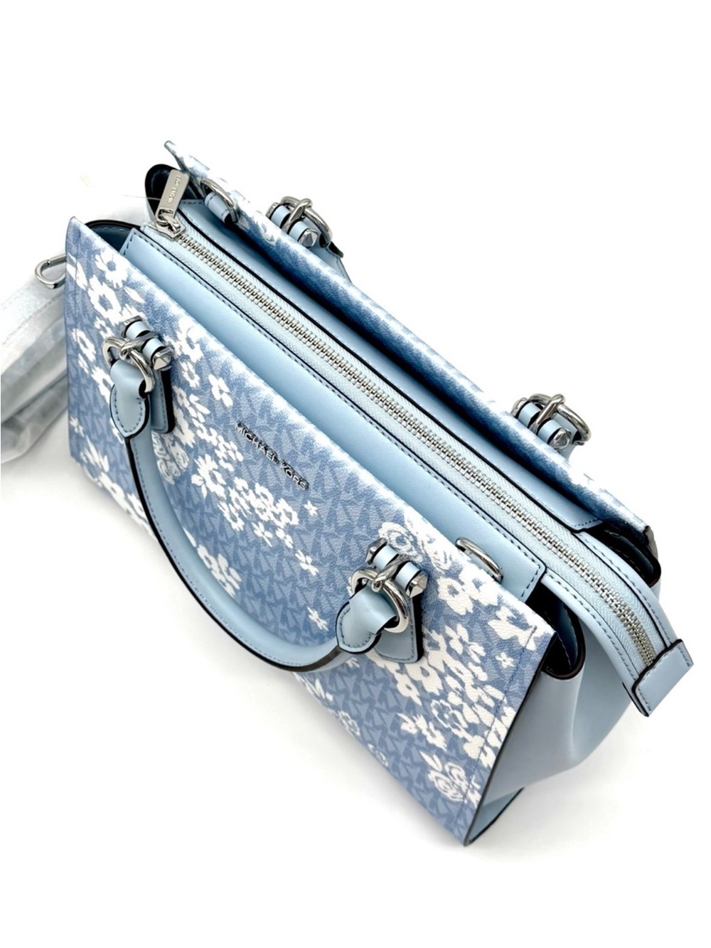 Michael Kors Marilyn Medium Printed Signature Logo Satchel Bag - Pale Ocean - Picture 6 of 8